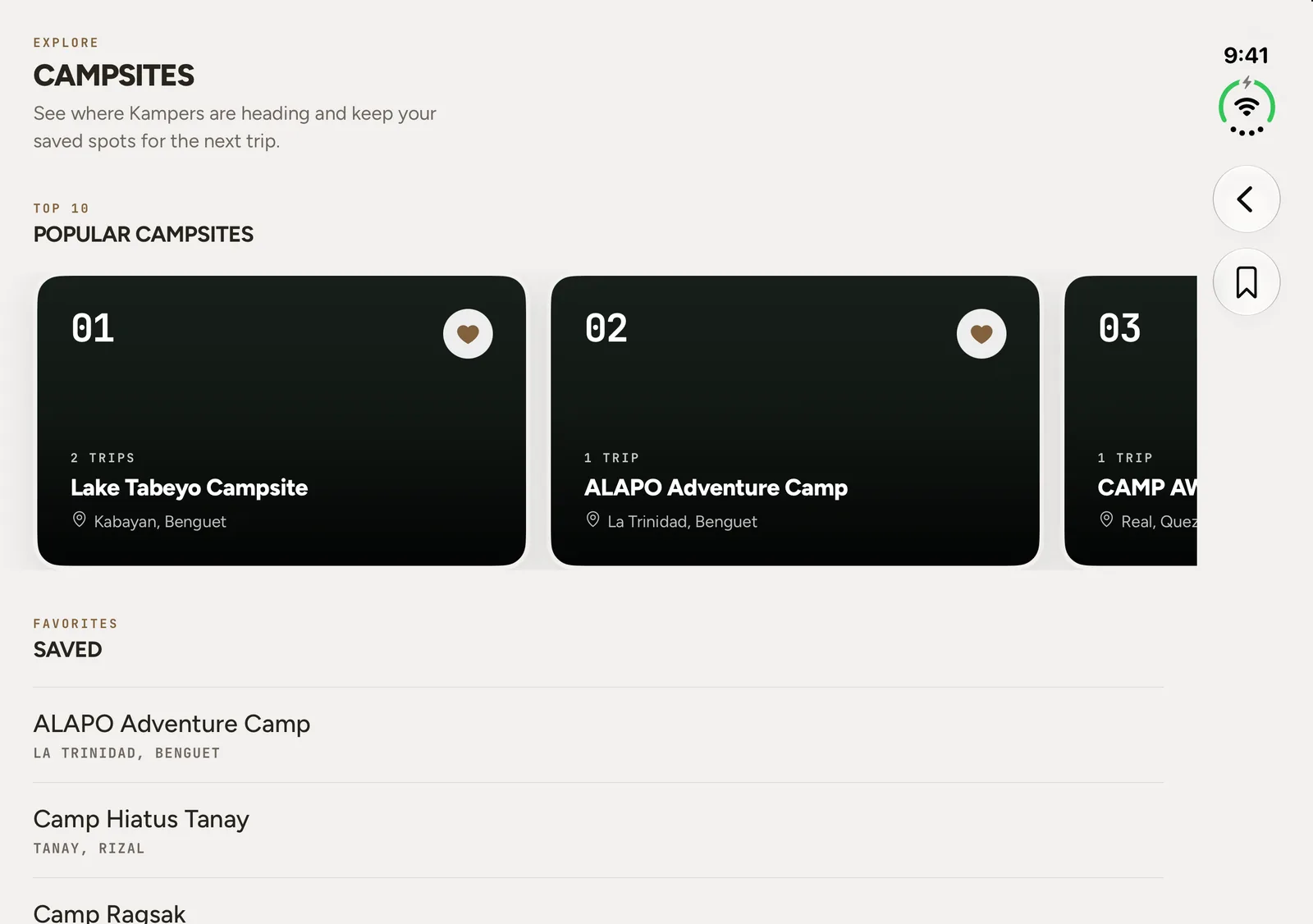 Popular and saved campsites